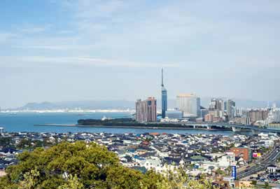 Fukuoka scenery with buildings and the sea